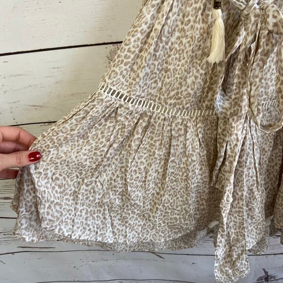 Olivaceous S Cream Boho Animal Print Belted Tassel Ruffle Flowy Mini Dress - Picture 6 of 10